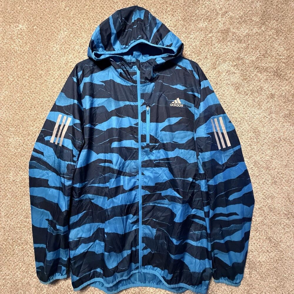 Adidas Running Windbreaker Jacket Blue Tiger Camo Hooded Mens Large L DU2312
